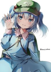 Rule 34 | 1girl, backpack, bag, blue eyes, blue jacket, blue skirt, closed mouth, cowboy hat, flat cap, green hat, hair bobbles, hair ornament, hat, highres, jacket, kawashiro nitori, key, long hair, looking at viewer, natsume suzuri, simple background, skirt, smile, solo, star (symbol), touhou, twitter username, two side up, white background