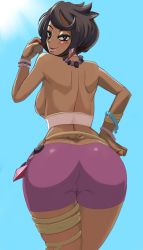 Rule 34 | 1girl, ass, back, backboob, backless outfit, bangle, bare shoulders, beige neckwear, black eyes, black hair, blue sky, blush, bracelet, breasts, choker, creatures (company), crop top, dark-skinned female, dark skin, day, earrings, elite four, female focus, from behind, game freak, half-closed eyes, hand on own hip, hand up, highres, holding, holding poke ball, island kahuna, jewelry, kurorekishiman, large breasts, lips, looking at viewer, looking back, naughty face, necklace, nintendo, olivia (pokemon), open mouth, outdoors, pink shirt, poke ball, poke ball (basic), pokemon, pokemon sm, purple shorts, shirt, short hair, short shorts, shorts, sideboob, sky, smile, solo, standing, strapless, strapless shirt, sunlight