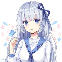 Rule 34 | 1girl, :o, babouo, bad id, bad pixiv id, blouse, blue eyes, blue neckerchief, blue sailor collar, blunt bangs, breasts, bug, butterfly, flower, hair ribbon, head tilt, insect, long hair, long sleeves, looking at viewer, medium breasts, neckerchief, open mouth, original, ribbon, sailor collar, shirt, signature, silver hair, solo, striped ribbon, upper body, white background, white shirt