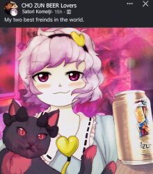 Rule 34 | 1girl, beer can, black bow, black cat, black hairband, bow, can, cat, closed mouth, commentary, drink can, dungeon toaster, english text, hairband, heart, highres, holding, holding can, kaenbyou rin, kaenbyou rin (cat), komeiji satori, looking at viewer, multiple tails, pink eyes, pink hair, red eyes, short hair, tail, touhou, two tails, upper body, zun, zun (style)