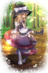 Rule 34 | 1girl, apron, between legs, black footwear, black hat, black skirt, black vest, blonde hair, braid, buttons, closed mouth, forest, frilled skirt, frills, full body, grass, hand between legs, hat, highres, kirisame marisa, lens flare, long hair, looking at viewer, mushroom, nature, outdoors, oversized object, puffy short sleeves, puffy sleeves, shen li, shirt, short sleeves, single braid, sitting, skirt, solo, touhou, tree, v arms, vest, waist apron, white shirt, witch hat, yellow eyes