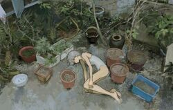 Rule 34 | 1girl, bare arms, bare legs, barefoot, bush, closed mouth, commentary request, expressionless, fetal position, full body, grey hair, grey one-piece swimsuit, highres, kgeroua, lying, medium hair, on ground, on side, one-piece swimsuit, original, outdoors, plant, potted plant, solo, swimsuit, tree