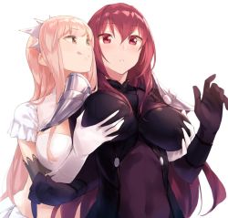 Rule 34 | 2girls, :q, armor, black bodysuit, blonde hair, blunt bangs, blush, bodysuit, breasts, brown eyes, cleavage, covered navel, crown, detached sleeves, dress, elbow gloves, embarrassed, fate/grand order, fate (series), female focus, female pervert, formal, gloves, grabbing, grabbing another&#039;s breast, grabbing from behind, hair between eyes, hands up, jewelry, large breasts, licking lips, long hair, looking at another, looking down, matching hair/eyes, medb (fate), midriff, multiple girls, neck, open mouth, parted lips, pauldrons, pervert, pink hair, purple bodysuit, red eyes, red hair, scathach (fate), short sleeves, shoulder armor, shy, sidelocks, simple background, skin tight, smile, tiara, tongue, tongue out, type-moon, upper body, v-neck, very long hair, white background, white dress, white gloves, yellow eyes, yomo (majidon), yuri