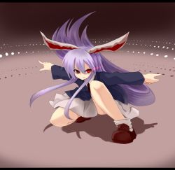 Rule 34 | 1girl, animal ears, bad id, bad pixiv id, blazer, female focus, fighting stance, full body, glowing, glowing eyes, gradient background, jacket, letterboxed, long hair, mizuga, pointing, purple hair, rabbit ears, red eyes, reisen udongein inaba, serious, solo, squatting, touhou, very long hair