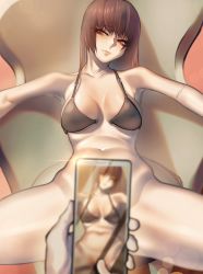 Rule 34 | 1boy, 1girl, absurdres, bikini, bikini top only, black bikini, bottomless, breasts, brown hair, cellphone, convenient censoring, covering privates, covering crotch, highres, hip bones, lips, long hair, navel, on chair, original, out of frame, phone, rakuga kiya, red eyes, sitting, smartphone, solo focus, spread legs, stomach, swimsuit, taking picture