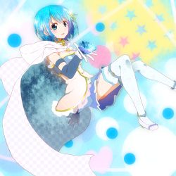 Rule 34 | 10s, 1girl, armband, bad id, bad pixiv id, blue eyes, blue hair, cape, flower, fortissimo, gloves, hair ornament, hairclip, highres, hijouronpo, magical girl, mahou shoujo madoka magica, mahou shoujo madoka magica (anime), mahou shoujo madoka magica movie 1 &amp; 2, matching hair/eyes, miki sayaka, musical note, musical note hair ornament, short hair, smile, solo, thighhighs, zettai ryouiki