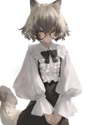 Rule 34 | 1girl, animal ears, black bow, black bowtie, black hair, black skirt, bow, bowtie, center frills, collared shirt, commentary request, expressionless, frilled shirt collar, frills, glasses, grey hair, highres, io (io oekaki), long sleeves, looking at viewer, multicolored hair, original, own hands together, raccoon ears, raccoon girl, raccoon tail, shirt, short hair, skirt, solo, suspender skirt, suspenders, tail, two-tone hair, white shirt, yellow eyes