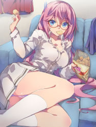 Rule 34 | 1girl, breasts, chiharu (9654784), chips (food), cleavage, collarbone, commentary request, couch, eating, food, food in mouth, glasses, hair between eyes, highres, holding, holding food, large breasts, long hair, looking at viewer, lying, panties, pleated skirt, potato chips, sakura airi, school uniform, skirt, socks, solo, sweat, underwear, very long hair, white skirt, white socks, youkoso jitsuryoku shijou shugi no kyoushitsu e