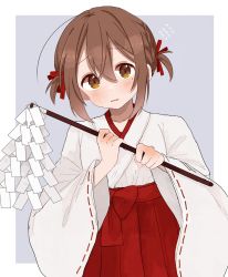 Rule 34 | 1girl, asuka kanzaki, border, bow, brown eyes, brown hair, dot nose, gohei, grey background, hair between eyes, hair ribbon, hakama, hakama skirt, highres, holding, holding gohei, japanese clothes, kimono, ksrgiing, light blush, looking at viewer, miko, mole, mole under eye, notice lines, original, outside border, parted lips, red bow, red ribbon, red skirt, ribbon, ribbon-trimmed sleeves, ribbon trim, short hair, shy, sidelocks, simple background, skirt, solo, sweatdrop, two side up, white border, white kimono, wide sleeves