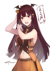 Rule 34 | 1girl, absurdres, bow, collared shirt, commentary, food-themed hair ornament, girls&#039; frontline, hair bow, hair ornament, hairband, halloween, hei chuan gui, highres, long hair, looking at viewer, navel, necktie, official alternate costume, open mouth, pumpkin hair ornament, purple hair, red eyes, shirt, simple background, translated, very long hair, wa2000 (girls&#039; frontline), wa2000 (haunted castle) (girls&#039; frontline), white background