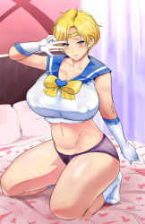 Rule 34 | 1girl, aged up, bishoujo senshi sailor moon, blonde hair, blue eyes, blush, breasts, cleavage, covered erect nipples, earrings, gloves, huge breasts, jewelry, kneeling, looking at viewer, mature female, navel, parted lips, sailor uranus, short hair, smile, solo, special g (spg), ten&#039;ou haruka