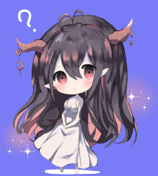 Rule 34 | 1girl, :o, ?, antenna hair, bad id, bad pixiv id, bare arms, bare shoulders, barefoot, blush, breasts, brown hair, chibi, cleavage, cottontailtokki, crescent, danua, draph, dress, full body, granblue fantasy, hair between eyes, highres, horn ornament, horns, long hair, medium breasts, multicolored hair, parted lips, pointy ears, red eyes, sleeveless, sleeveless dress, solo, sparkle, standing, two-tone hair, very long hair, white dress