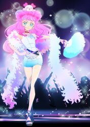 Rule 34 | 1girl, absurdres, blue eyes, blue hair, blunt bangs, choker, dress, feather boa, hand fan, hand on own hip, highres, holding, holding fan, itaoka1, jewelry, kururun (precure), laura la mer, long hair, multicolored hair, necklace, pink hair, precure, red choker, short bangs, solo, streaked hair, tropical-rouge! precure, white dress