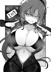 Rule 34 | 1girl, ;d, bodysuit, bra, breasts, character request, cleavage, commentary request, cool-kyou shinja, copyright request, greyscale, heart, highres, huge breasts, long hair, looking at viewer, monochrome, navel, one eye closed, open mouth, partially unzipped, ponytail, smile, solo, speech bubble, underwear