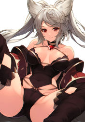 Rule 34 | 1girl, animal ears, ass, bad id, bad twitter id, bare shoulders, black thighhighs, braid, breasts, breasts apart, cameltoe, choker, collarbone, covered navel, erune, fraux, granblue fantasy, grey hair, groin, highres, koretsuki azuma, large breasts, long hair, long sleeves, looking at viewer, off shoulder, partially visible vulva, reclining, red eyes, revealing clothes, simple background, smile, solo, thighhighs, thighs, twintails, white background