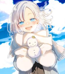 Rule 34 | 1girl, :d, absurdres, black shirt, blue eyes, blue ribbon, blue sky, blush, breath, cloud, cloudy sky, commentary request, day, forehead, fringe trim, grey hair, grey jacket, hair ribbon, hands up, highres, jacket, long sleeves, looking at viewer, mittens, open clothes, open jacket, open mouth, original, outdoors, parted bangs, ribbon, scarf, shirt, sky, smile, snowman, sofra, solo, teeth, upper teeth only, white mittens, white scarf