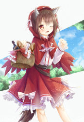 Rule 34 | 1girl, ;d, animal ears, baguette, bare legs, basket, bottle, bread, brown hair, capelet, commentary request, dress shirt, fang, food, frilled skirt, frills, highres, hood, hood up, hooded capelet, little red riding hood, little red riding hood (grimm), long sleeves, one eye closed, open mouth, orange eyes, original, red skirt, shirt, short hair, skirt, smile, solo, tail, tree, utatanecocoa, white shirt, wine bottle, wolf ears, wolf tail