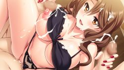 Rule 34 | 1girl, blush, bra, breasts, brown eyes, brown hair, censored, clothed female nude male, clothing aside, cum, cum in pussy, cum on body, cum on breasts, cum on hair, cum on upper body, double handjob, facial, from above, game cg, groin, gyaruzuma anri no netorase play, hair between eyes, handjob, indoors, kisaragi kanna, large breasts, legs, long hair, matching hair/eyes, mosaic censoring, nail polish, navel, nipples, nude, one breast out, open mouth, original, panties, panties aside, penis, pussy, red nails, sex, smile, thighs, underwear, underwear only, vaginal