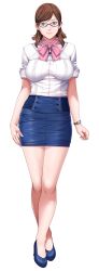Rule 34 | 1girl, bare legs, breasts, brown eyes, brown hair, earrings, feet, full body, game cg, glasses, hair ornament, hairclip, high heels, highres, jewelry, large breasts, legs, looking at viewer, mihara aika, miniskirt, p/a: potential ability, p/a ~potential ability~, ribbon, sei shoujo, short hair, skirt, smile, solo, thighs, transparent background, watch, wristband, wristwatch