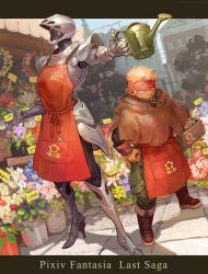 Rule 34 | 1girl, 1other, absurdres, akaneko (redakanekocat), apron, armor, boots, brown capelet, brown footwear, brown gloves, capelet, clenched hand, copyright name, day, florist, flower, flower pot, frown, gaden cole-miners, gauntlets, gloves, greaves, green pants, grey footwear, headband, highres, holding, holding watering can, lartuier steel, outdoors, pants, pauldrons, pixiv fantasia, pixiv fantasia last saga, pocket, red apron, red headband, shoulder armor, standing, watering can