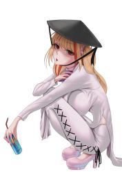 Rule 34 | 1girl, black headwear, blonde hair, breasts squeezed together, breasts, dress, fireworks, high heels, holding fireworks, large breasts, looking at viewer, multicolored hair, open mouth, red eyes, red hair, side ponytail, squatting, tight clothes, tomiokasena, white background, white dress