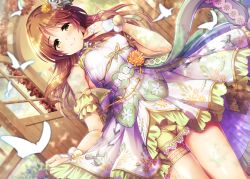 Rule 34 | 1girl, breasts, brown eyes, brown hair, bug, butterfly, covered erect nipples, detached sleeves, dress, dutch angle, hair down, hair ornament, highres, idolmaster, idolmaster cinderella girls, insect, jewelry, long hair, looking at viewer, ment, open mouth, ornate ring, ring, skirt hold, small breasts, smile, solo, takamori aiko, wedding ring, wooden door