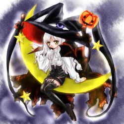 Rule 34 | 1girl, arm support, bad id, bad pixiv id, black thighhighs, caren hortensia, cosplay, crescent, crescent moon, fate/hollow ataraxia, fate/stay night, fate (series), garter straps, green eyes, halloween, hat, jack-o&#039;-lantern, kaze tsuki, lilith (cosplay), lilith (yamibou), lilith (yamibou) (cosplay), long hair, looking at viewer, moon, pencil skirt, pumpkin, silver hair, sitting, skirt, solo, thighhighs, witch hat, yami to boushi to hon no tabibito, zettai ryouiki