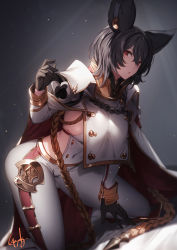 Rule 34 | 1girl, aiguillette, animal ears, black gloves, black hair, breasts, cape, commentary request, covered navel, erune, foot out of frame, genyaky, gloves, granblue fantasy, hair between eyes, highres, ilsa (granblue fantasy), long sleeves, looking at viewer, military, military uniform, pants, parted lips, red eyes, short hair, sideboob, signature, solo, uniform, white cape, white pants
