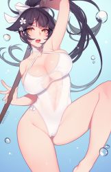 Rule 34 | 1girl, air bubble, arm up, armpits, artist name, azur lane, bare arms, black hair, blue background, bow, breasts, bubble, cameltoe, casual one-piece swimsuit, choker, collarbone, criss-cross halter, feet out of frame, flower, gradient background, groin, hair bow, hair flaps, hair flower, hair ornament, halterneck, highleg, highleg swimsuit, highres, holding, holding sword, holding weapon, knee blush, knee up, large breasts, leg up, long hair, looking to the side, nanoless, navel, one-piece swimsuit, open mouth, ponytail, ribbon, simple background, solo, swimsuit, sword, takao (azur lane), takao (beach rhapsody) (azur lane), thighs, tsurime, water, weapon, white bow, white choker, white flower, white one-piece swimsuit, white ribbon, wooden sword, yellow eyes