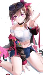 Rule 34 | 1girl, bad id, bad twitter id, between legs, black choker, black jacket, blue skirt, brown hair, choker, crop top, eyewear on head, hair ribbon, highres, jacket, long hair, long sleeves, looking at viewer, midriff, miniskirt, mole, mole under mouth, multicolored hair, naru 0, navel, off-shoulder shirt, off shoulder, open clothes, open jacket, original, outstretched arm, pink eyes, ribbon, round eyewear, shirt, side ponytail, side slit, sitting, skirt, smile, solo, stomach, streaked hair, sunglasses, thighs, v, wariza, white shirt