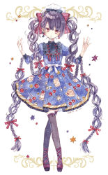 Rule 34 | 1girl, absurdly long hair, absurdres, artist name, black bow, black hair, black thighhighs, blue dress, bow, braid, cherry print, commentary request, cross-laced footwear, crossed legs, dated, dress, earrings, food print, frills, full body, hair bow, hands up, heart, heart earrings, highres, jewelry, lolita fashion, long hair, looking at viewer, maid headdress, multi-tied hair, multiple hair bows, original, painting (medium), parted lips, pleated dress, print dress, red bow, red eyes, solo, standing, star (symbol), star print, thighhighs, traditional media, twin braids, uni (setsuna gumi39), very long hair, watercolor (medium), wavy hair, white bow