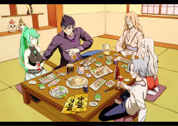 Rule 34 | 2girls, 3boys, alcohol, alvis (xenoblade), architecture, beer, beer mug, black hair, blonde hair, blush, brother and sister, brothers, chest jewel, choker, chopstick rest, chopsticks, closed eyes, cup, east asian architecture, edamame, family, food, fried rice, galea (xenoblade), green hair, highres, indoors, jewelry, k-you (hikarininare), klaus (xenoblade), kotatsu, long hair, malos (xenoblade), mug, multiple boys, multiple girls, nintendo, old, old man, pendant, pneuma (xenoblade), riki (xenoblade), sake, seiza, short hair, siblings, silver hair, sitting, skewer, spoilers, table, tokkuri, tora (xenoblade 2), wine, xenoblade chronicles (series), xenoblade chronicles 1, xenoblade chronicles 2