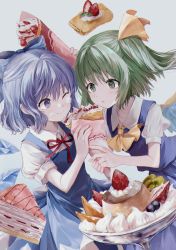Rule 34 | 2girls, absurdres, blouse, blue dress, blue eyes, blue hair, blueberry, bow, cake, cirno, crepe, crepe cake, daiyousei, dessert, dress, dress shirt, fairy, fairy wings, food, fruit, green eyes, green hair, happiness lilys, highres, ice, ice wings, icing, kiwi (fruit), multiple girls, pastry, puffy short sleeves, puffy sleeves, shirt, short hair, short sleeves, side ponytail, strawberry, touhou, white shirt, wings