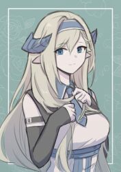 Rule 34 | 10 (xknn5488), 1girl, arknights, black sleeves, blonde hair, blue eyes, blue hairband, blue necktie, detached sleeves, dragon girl, dragon horns, floral background, green background, hair between eyes, hairband, hands up, horns, long hair, looking at viewer, necktie, saileach (arknights), shirt, simple background, smile, solo, split mouth, upper body, very long hair, white shirt