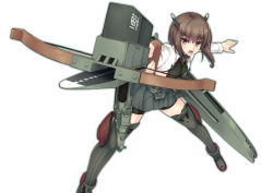 Rule 34 | &gt;:o, 10s, 1girl, :o, aiming, aiming at viewer, bike shorts, black thighhighs, bow (weapon), brown eyes, brown hair, crossbow, flat chest, foreshortening, headband, headgear, kantai collection, kawano sesera, legs apart, long sleeves, looking at viewer, open mouth, outline, outstretched arms, pleated skirt, short hair, simple background, skirt, solo, standing, taihou (kancolle), thighhighs, v-shaped eyebrows, weapon, white background
