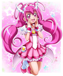 Rule 34 | 1girl, :d, bike shorts, blush, boots, cure happy, floating hair, frilled skirt, frills, full body, hair between eyes, hairband, hanzou, highres, long hair, miniskirt, open mouth, pink eyes, pink hair, pink skirt, pleated skirt, precure, purple shorts, shorts, shorts under skirt, skirt, smile, smile precure!, solo, twintails, very long hair, white footwear, wrist cuffs