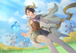 Rule 34 | 1boy, androgynous, argyle, argyle clothes, argyle legwear, beret, bird, black hair, blue hair, bow, bow (weapon), braid, brooch, cape, cloud, cloudy sky, collared cape, collared shirt, corset, day, feathers, flower, frilled sleeves, frills, gem, genshin impact, gradient hair, green eyes, green hat, green shorts, hat, hat flower, holding, holding bow (weapon), holding weapon, jewelry, kokunen aoteci, leaf, long sleeves, looking afar, male focus, multicolored hair, open mouth, outdoors, pantyhose, plain, seelie (genshin impact), shirt, short hair with long locks, shorts, sky, smile, solo, twin braids, venti (genshin impact), vision (genshin impact), weapon, white flower, white pantyhose, white shirt, windmill