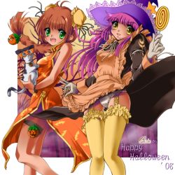 Rule 34 | 00s, 2008, 2girls, apron, brown dress, brown eyes, brown hair, bun cover, cat, china dress, chinese clothes, double bun, dr rex, dress, food, from side, garter straps, glasses, green eyes, hair ornament, halloween, hat, holding, jack-o&#039;-lantern, long hair, looking at viewer, multiple girls, open mouth, original, panties, popsicle, pumpkin, purple hair, red dress, short hair, standing, star (symbol), thigh gap, thigh strap, thighhighs, underwear, white panties, wind, wind lift, witch hat, yellow legwear
