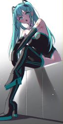 Rule 34 | 1girl, aqua eyes, aqua hair, bad id, bad twitter id, bare shoulders, black thighhighs, breasts, detached sleeves, full body, glitch, hatsune miku, high heels, highres, long hair, looking at viewer, open mouth, sitting, skirt, solo, takio (kani sama), thighhighs, twintails, very long hair, vocaloid