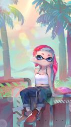 Rule 34 | 1girl, arm support, arms at sides, bad id, bad twitter id, bare arms, bare shoulders, blue eyes, blue pants, blush, breasts, brown footwear, closed mouth, clothes around waist, collarbone, day, denim, full body, grass, highres, honeycomb (pattern), industrial pipe, inkling, inkling girl, inkling player character, jeans, kashu (hizake), lens flare, light particles, long hair, looking at viewer, midriff peek, monster girl, mountain, nintendo, outdoors, palm tree, pants, pink hair, pointy ears, shirt, shoes, short eyebrows, signature, sitting, small breasts, smile, solo, spaghetti strap, splatoon (series), splatoon 2, sunlight, tank top, tentacle hair, tree, very long hair, white shirt