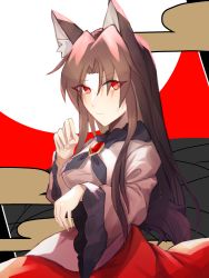 Rule 34 | 1girl, animal ears, blush, breasts, brooch, brown hair, dress, fingernails, highres, imaizumi kagerou, jewelry, kuma xylocopa, long fingernails, long hair, long sleeves, looking at viewer, looking to the side, medium breasts, red eyes, solo, sweat, tail, touhou, white dress, wide sleeves, wolf ears, wolf tail