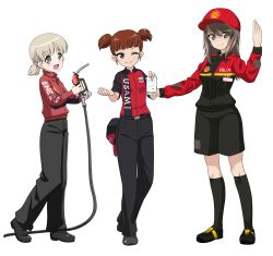 Rule 34 | 10s, 3girls, :d, absurdres, aki (girls und panzer), alternate costume, baseball cap, belt, black belt, black footwear, black pants, black shorts, black socks, blunt bangs, brown eyes, brown hair, closed mouth, collared shirt, commentary request, dated, employee uniform, english text, from side, full body, gas pump nozzle, girls und panzer, green eyes, hair tie, hat, highres, holding, jacket, kneehighs, light brown hair, logo, long hair, long sleeves, looking at viewer, mika (girls und panzer), mikko (girls und panzer), multicolored clothes, multicolored jacket, multiple girls, open mouth, pants, reaching, reaching towards viewer, receipt, red eyes, red hair, red hat, red jacket, red shirt, shell (company), shiina excel, shirt, shoes, short hair, short sleeves, short twintails, shorts, simple background, smile, socks, standing, standing on one leg, swept bangs, tire, twintails, twitter username, two-tone jacket, uniform, unworn hat, unworn headwear, watermark, white background