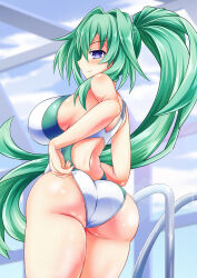 Rule 34 | 1girl, ass, bare shoulders, blue eyes, blush, breasts, choujigen game neptune, competition swimsuit, compile heart, from behind, green hair, green heart (neptunia), highres, huge ass, kyou (hibikit), large breasts, leotard, long hair, looking at viewer, neptune (series), one-piece swimsuit, ponytail, sideboob, smile, solo, swimsuit, very long hair