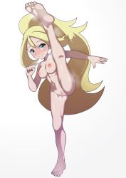 Rule 34 | 1girl, anus, barefoot, blonde hair, blue eyes, blush, breasts, bright pupils, censored, cleft of venus, clenched hand, closed mouth, completely nude, creatures (company), eyelashes, female focus, game freak, gluteal fold, hair between eyes, high ponytail, highres, knees, kohatsuka, korrina (pokemon), large breasts, leg up, long hair, looking at viewer, mosaic censoring, navel, nintendo, nipples, nude, pokemon, pokemon (anime), pokemon xy (anime), pussy, sidelocks, soles, solo, split, spread legs, standing, standing on one leg, standing split, thighs, toenails, toes, two side up, very long hair, white background, white pupils