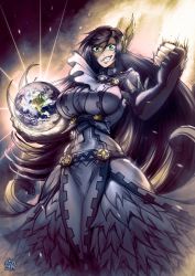 Rule 34 | 1girl, black hair, breasts, brunhilde (shuumatsu no valkyrie), clenched hand, clenched teeth, cowboy shot, earth (planet), feathers, gesugao, green eyes, highres, holding planet, large breasts, legs together, long hair, planet, shuumatsu no valkyrie, space, teeth, the golden smurf, valkyrie, very long hair, wings