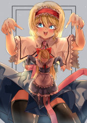 Rule 34 | absurdres, alice margatroid, apron, black legwear, blonde hair, blue dress, blue eyes, blush, bow, capelet, commentary request, cowboy shot, dress, frilled apron, frilled hairband, frills, grey background, grey nails, hair between eyes, hair bow, hairband, highres, long sleeves, looking at viewer, mahoro (minase mahoro), medium hair, nail polish, open mouth, puppet strings, red bow, red hairband, shanghai doll, short sleeves, simple background, teeth, thighhighs, touhou, upper teeth only, waist apron, white apron, white capelet