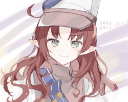 Rule 34 | 1girl, arknights, brown hair, closed mouth, dated, figmnts, green eyes, grey shirt, hat, long hair, looking at viewer, myrtle (arknights), myrtle (light gold celebration) (arknights), parted bangs, pointy ears, shirt, smile, solo, turtleneck, upper body, white background, white hat