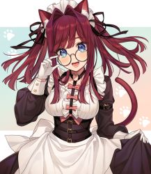 Rule 34 | 1girl, :d, adjusting eyewear, animal ear fluff, animal ears, apron, black dress, black ribbon, blue eyes, blush, bow, breasts, brown-framed eyewear, brown hair, cat day, cat ears, cat girl, cat tail, center frills, commentary request, dress, frills, glasses, gloves, hair intakes, hair ribbon, hand up, heart o-ring, karokuchitose, long hair, long sleeves, maid, maid headdress, medium breasts, open mouth, original, red bow, ribbon, round eyewear, smile, solo, tail, twintails, waist apron, white apron, white gloves