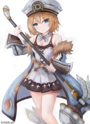 Rule 34 | 1girl, artist name, bad id, bad pixiv id, bare legs, bare shoulders, blanc (neptunia), blue eyes, blush, breasts, brown hair, cleavage, coat, dress, frown, fur trim, hair between eyes, hammer, hat, holding, holding hammer, holding weapon, looking at viewer, neptune (series), short hair, simple background, small breasts, solo, spaghetti strap, suterisu, weapon, white background, white dress
