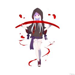 Rule 34 | 1girl, bandages, blood, braid, enkyo yuuichirou, french braid, full body, highres, holding, holding sword, holding weapon, hood, long hair, long sleeves, looking at viewer, official art, toeless footwear, red eyes, simple background, solo, sword, weapon, white background, white hair, youkai hyakki-tan!